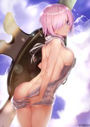 Rule 34 | 1girl, ass, back, breasts, butt crack, cloud, cowboy shot, day, fate/grand order, fate (series), hair over one eye, jilllxlxl, large breasts, mash kyrielight, meme attire, naked sweater, no bra, no panties, purple hair, shield, short hair, sideboob, sky, solo, sweat, sweater, virgin killer sweater