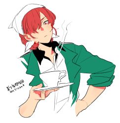 Rule 34 | 1boy, apron, bishounen series, closed mouth, copyright name, cropped torso, cup, dated, expressionless, fukuroi mitsuru, hair over one eye, hand on own hip, kinako (marubotan), looking at viewer, male focus, plate, red eyes, red hair, simple background, solo, upper body, white background
