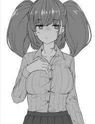 Rule 34 | 1girl, atlanta (kancolle), breasts, dress shirt, enri (enriko683), greyscale, hand on own chest, highres, kantai collection, large breasts, long hair, long sleeves, looking at viewer, monochrome, pleated skirt, shirt, simple background, skirt, solo, striped clothes, striped shirt, two side up