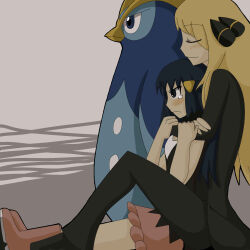 Rule 34 | 2girls, age difference, arms around neck, bare arms, black headwear, black shirt, black tank top, blonde hair, blue eyes, blue hair, blush, calf boots, closed mouth, creatures (company), cynthia (pokemon), dawn (pokemon), eyelashes, female focus, from behind, frown, game freak, gen 4 pokemon, grey background, hair ornament, holding, hug, hug from behind, long hair, multiple girls, nintendo, onee-loli, pink footwear, pink skirt, pokemon, pokemon dppt, prinplup, shirt, simple background, skirt, smile, tank top, yellow headwear, yuri