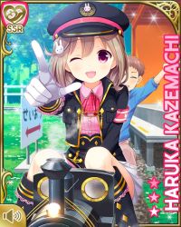 Rule 34 | 1boy, 1girl, armband, black coat, black headwear, blush, bow, brown hair, character name, child, coat, conductor, dress, girlfriend (kari), hair ornament, hat, kazemachi haruka, looking at viewer, official art, one eye closed, open mouth, outdoors, pink dress, pink eyes, pink neckwear, pointing, pointing forward, qp:flapper, rabbit hair ornament, red armband, short hair, sitting, smile, tagme, train