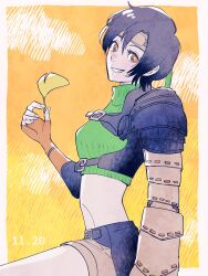 1girl armor black_hair border breasts brown_headband brown_shorts chest_strap crop_top cropped_shirt dated final_fantasy final_fantasy_vii fingerless_gloves gloves green_shirt grin hair_between_eyes headband highres holding holding_leaf leaf medium_breasts midriff niwawaka orange_background orange_gloves shirt short_hair shorts shoulder_armor single_shoulder_pad smile solo teeth upper_body white_border yuffie_kisaragi