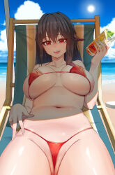 Rule 34 | 1girl, absurdres, azur lane, bare shoulders, beach, beach chair, bikini, black hair, blue sky, breasts, cloud, cloudy sky, collarbone, cup, drinking glass, drinking straw, food, fruit, groin, hair between eyes, hand up, highres, holding, holding cup, large breasts, lemon, lemon slice, lying, navel, ocean, official alternate costume, on back, open mouth, outdoors, pi pi, red bikini, red eyes, royal fortune (azur lane), royal fortune (eyes on the prize) (azur lane), sand, shade, sky, smile, solo, stomach, suction cups, sun, swimsuit, tentacle hair, tentacles, water
