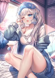 Rule 34 | 1girl, absurdres, alternate costume, ayaka (genshin impact), blue eyes, blue ribbon, blunt tresses, blush, bra, bra strap, breasts, crossed legs, curtains, day, eyewear on head, feet out of frame, flower knot, genshin impact, grey hair, hair ribbon, hand up, highres, indoors, kishita yuu, lace, lace-trimmed bra, lace trim, light particles, long hair, long sleeves, looking at viewer, medium breasts, mole, mole under eye, off shoulder, on bed, one eye closed, open clothes, open mouth, open shirt, pajamas, panties, pantyshot, pillow, pom pom (clothes), red bra, red panties, ribbon, rubbing eyes, see-through, see-through shirt, sidelighting, single bare shoulder, sitting, sleep mask, solo, sunlight, thighs, tress ribbon, underwear, very long hair, waking up, window