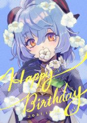 Rule 34 | 1girl, absurdres, bell, black gloves, blue hair, blush, commentary request, covered mouth, cowbell, flower in mouth, ganyu (genshin impact), genshin impact, gloves, goat horns, hands up, happy birthday, highres, horns, light blue hair, long hair, looking at viewer, omanchi, orange eyes, portrait, solo