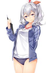 Rule 34 | 10s, 1girl, alternate hairstyle, blue eyes, blush, buruma, byte (allbyte), commentary request, gym uniform, highres, jacket, jewelry, kantai collection, kashima (kancolle), long hair, looking at viewer, necklace, open clothes, open jacket, shizuka (deatennsi), side ponytail, sidelocks, silver hair, smile, solo, track jacket, tsurime, wavy hair, whistle