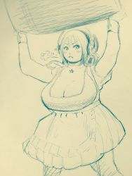 Rule 34 | 1girl, angry, arms up, barrel, blush, breasts, cleavage, cosplay, dress, fat, female focus, headphones, highres, hoshima mika, huge breasts, jewelry, looking at viewer, monochrome, necklace, plump, solo, standing, super pochaco, super pochaco (cosplay)
