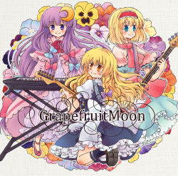 Rule 34 | 3girls, alice margatroid, crescent, crescent hair ornament, female focus, flower, guitar, hair ornament, instrument, keyboard (instrument), kirisame marisa, multiple girls, orange flower, orange pansy, pansy, patchouli knowledge, siva, touhou, yellow flower, yellow pansy