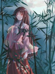Rule 34 | 1girl, baibaibaibaibaijin, bamboo, bow, bowtie, branch, brown eyes, brown hair, chinese commentary, collared shirt, commentary, feet out of frame, floral print, frilled shirt collar, frilled sleeves, frills, full moon, hand on own chest, highres, holding, holding branch, houraisan kaguya, jeweled branch of hourai, long hair, long sleeves, looking at viewer, moon, night, parted lips, pink shirt, red skirt, shirt, sidelocks, skirt, solo, touhou, very long hair, white bow, white bowtie, wide sleeves