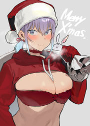 Rule 34 | 1girl, bad id, bad pixiv id, blue eyes, blue hair, blush, breasts, christmas, cleavage, cleavage cutout, closed mouth, clothing cutout, commentary request, gloves, grey background, hat, ikuchan kaoru, ikuchan kaoru (character), indie virtual youtuber, large breasts, looking at viewer, merry christmas, mole, mole under eye, multicolored hair, purple hair, red gloves, red hat, santa hat, simple background, smile, solo, two-tone hair, virtual youtuber