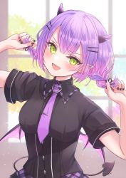 Rule 34 | 1girl, absurdres, black nails, black shirt, braid, demon horns, demon tail, ear piercing, earrings, fang, green eyes, hair ornament, hairclip, hands up, highres, holding, holding own hair, hololive, horns, jewelry, looking at viewer, medium hair, multicolored hair, nail polish, necktie, null maru, official alternate costume, open mouth, piercing, purple hair, purple necktie, shirt, short sleeves, solo, tail, tail ornament, tail piercing, tokoyami towa, twin braids, upper body, virtual youtuber, wings