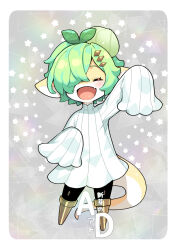 Rule 34 | colored skin, dress, fang, full body, green hair, highres, long sleeves, looking at viewer, open mouth, pixiv fantasia, pixiv fantasia mountain of heaven, pointy ears, short hair, skin fang, smile, tail, white dress, yadayada, yellow skin