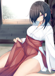 Rule 34 | 1girl, black hair, blurry, blurry background, breasts, closed mouth, collarbone, commentary request, day, depth of field, feet out of frame, hair over one eye, hair ribbon, hakama, hakama skirt, japanese clothes, kavka, kimono, large breasts, long hair, long sleeves, looking at viewer, miko, original, purple eyes, red hakama, red ribbon, ribbon, ribbon-trimmed sleeves, ribbon trim, short kimono, sitting, skirt, solo, sunlight, tongue, tongue out, wariza, white kimono