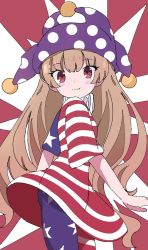 Rule 34 | 1girl, american flag dress, american flag pants, blush, breasts, brown hair, closed mouth, clownpiece, dress, eyelashes, eyes visible through hair, from side, hair between eyes, hat, highres, iroha-kuro, jester cap, light brown hair, long hair, looking at viewer, medium breasts, neck ruff, pants, pantyhose, pink eyes, polka dot, purple hat, red background, short sleeves, smile, solo, standing, star (symbol), star in eye, star print, striped clothes, striped dress, striped pants, symbol in eye, touhou, white background