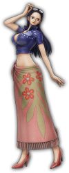 Rule 34 | 1girl, black hair, breasts, female focus, floral print, full body, large breasts, long hair, midriff, nico robin, official art, one piece, one piece: odyssey, sarong, solo, sunglasses