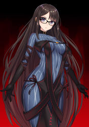 Rule 34 | 1girl, black-framed eyewear, black dress, black gloves, blue dress, blush, breasts, brown hair, closed mouth, commentary request, covered navel, dress, ear piercing, elbow gloves, fate/grand order, fate (series), glasses, gloves, grey eyes, hair between eyes, head tilt, long hair, looking at viewer, mahou kyuuri, medium breasts, piercing, pinstripe dress, pinstripe pattern, ribbon-trimmed dress, ribbon trim, solo, strapless, strapless dress, striped clothes, striped dress, v-shaped eyebrows, vertical-striped clothes, vertical-striped dress, very long hair, yu mei-ren (fate), yu mei-ren (first ascension) (fate)