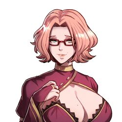 Rule 34 | 1girl, alternate hair length, alternate hairstyle, blue eyes, breasts, bridal gauntlets, cleavage, commission, cornelia arnim, fire emblem, fire emblem: three houses, glasses, gzei, highres, large breasts, lipstick, makeup, mole, nintendo, pink hair, pink lips, red-framed eyewear, second-party source
