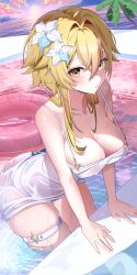 Rule 34 | 1girl, absurdres, aqua74286, blonde hair, breasts, cloud, collarbone, commentary, dress, flower, genshin impact, hair flower, hair ornament, highres, innertube, large breasts, lumine (genshin impact), parted lips, pool, sidelocks, skindentation, sky, solo, strap gap, swim ring, symbol-only commentary, thigh strap, tree, wading, water, wet, wet clothes, wet dress, white dress, yellow eyes