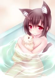 Rule 34 | 1girl, animal, animal ears, animal hug, bath, bathing, bathtub, blush, brown hair, collarbone, dog, fang, highres, holding, nude, original, partially submerged, rayn, red eyes, solo, tail, tongue, tongue out, water