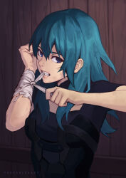 Rule 34 | 1girl, armor, bandaged arm, bandages, blue eyes, blue hair, breasts, byleth (female) (fire emblem), byleth (fire emblem), cleavage, commentary request, fire emblem, fire emblem: three houses, hair ornament, injury, large breasts, long hair, looking at viewer, medium hair, nintendo, phrecklesart, short hair, simple background, solo