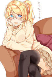 Rule 34 | 1girl, ayase eli, black thighhighs, blonde hair, blue eyes, blush, commentary request, couch, crossed legs, cushion, hand on own cheek, hand on own face, head rest, long sleeves, looking at viewer, love live!, love live! school idol project, miniskirt, mogu (au1127), open mouth, ponytail, red-framed eyewear, scrunchie, semi-rimless eyewear, sitting, skirt, solo, sweater, thighhighs, under-rim eyewear, white background, white scrunchie