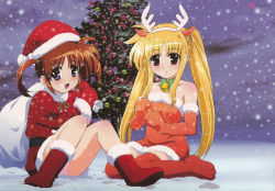 Rule 34 | 00s, 2girls, absurdres, antlers, bare shoulders, bell, blonde hair, blue eyes, blush, boots, christmas, christmas tree, closed mouth, fake antlers, fate testarossa, hat, highres, horns, legs, lyrical nanoha, mahou shoujo lyrical nanoha, mahou shoujo lyrical nanoha a&#039;s, multiple girls, open mouth, outdoors, panties, pink panties, red hair, reindeer antlers, santa bag, santa boots, santa costume, santa hat, sitting, smile, snow, snowflakes, snowing, takamachi nanoha, thighhighs, thighs, underwear