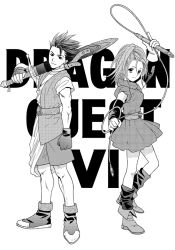 Rule 34 | 1boy, 1girl, barbara (dq6), belt, boots, copyright name, dragon quest, dragon quest vi, dress, earrings, fingerless gloves, gloves, greyscale, hero (dq6), high ponytail, jewelry, monochrome, ooshima towa, scabbard, sheath, short dress, short hair, smile, spiked hair, sword, weapon, whip