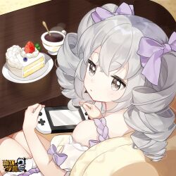 1girl benghuai_xueyuan bow bronya_zaychik cake closed_mouth coffee copyright_name cup food fruit grey_eyes grey_hair hair_bow highres honkai_(series) logo looking_at_viewer official_art plate playing_games purple_bow second-party_source sitting spoon strawberry table