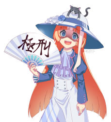 Rule 34 | 1girl, akikawa yayoi (umamusume), animal, animal on head, blue eyes, cat, commentary request, empty eyes, folding fan, hand fan, hat, horse girl, looking at viewer, on head, open mouth, orange hair, shaded face, simple background, solo, translation request, umamusume, urujika, white background, yandere
