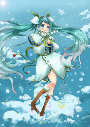 Rule 34 | 1girl, absurdres, ahoge, blue eyes, boots, capelet, green hair, hatsune miku, headset, highres, knee boots, lily of the valley, long hair, open mouth, shakugan (natural stay), snowflake print, snowflakes, solo, twintails, very long hair, vocaloid, yamano (yamanoh), yuki miku