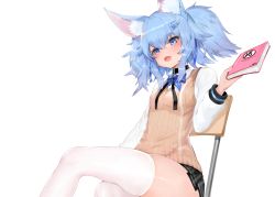 Rule 34 | 1girl, animal ear fluff, animal ears, bad id, bad pixiv id, black skirt, blue bow, blue eyes, blue hair, blush, book, bow, breasts, chair, commentary request, crossed legs, dokomon, fang, feet out of frame, girls&#039; frontline, hair between eyes, hair ornament, highres, holding, holding book, korean commentary, long sleeves, official alternate costume, on chair, open mouth, pa-15 (girls&#039; frontline), pa-15 (high school thrills) (girls&#039; frontline), pleated skirt, shirt, simple background, sitting, skindentation, skirt, small breasts, solo, sweat, sweater vest, thighhighs, white background, white shirt, white thighhighs
