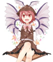 Rule 34 | 1girl, :d, animal ears, arm garter, bad id, bad pixiv id, bow, bowtie, brown skirt, fang, hat, highres, mystia lorelei, open mouth, pink eyes, pink hair, short hair, short sleeves, sitting, skirt, skirt set, smile, solo, suminagashi, touhou, vest, white background, wings