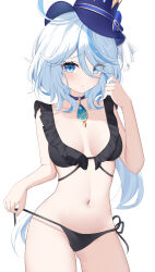 Rule 34 | 1girl, alternate costume, black bra, black panties, blue bow, blue choker, blue eyes, blue gemstone, blue hair, blue hat, blush, bow, bra, breasts, choker, closed mouth, collarbone, drop-shaped pupils, frills, furina (genshin impact), gem, genshin impact, hair between eyes, hands up, hat, hat bow, hat ornament, heterochromia, highres, long hair, looking at viewer, medium breasts, mismatched pupils, multicolored hair, navel, nyuu (pixiv12143565), panties, ponytail, sidelocks, simple background, solo, standing, symbol-shaped pupils, top hat, two-tone hair, underwear, white background, white hair