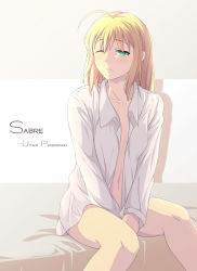 Rule 34 | 1girl, ahoge, artoria pendragon (fate), blonde hair, character name, dress shirt, artistic error, fate/stay night, fate (series), green eyes, hair down, highres, kokutou, long sleeves, naked shirt, navel, one eye closed, open clothes, saber (fate), shirt, sitting, solo, tears, wink