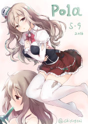 Rule 34 | 10s, 1girl, 2016, ascot, bottle, breasts, brown eyes, chiyingzai, dated, eyebrows, grey hair, hat, highres, kantai collection, large breasts, long hair, looking at viewer, miniskirt, multiple views, no shoes, pola (kancolle), red skirt, skirt, thighhighs, twitter username, wavy hair, white thighhighs, zettai ryouiki