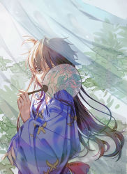 Rule 34 | 1girl, animal print, blue kimono, brown eyes, brown hair, butterfly print, curtains, hair between eyes, hand fan, highres, holding, holding fan, inuyasha, japanese clothes, kimono, long hair, long sleeves, looking at viewer, paper fan, rin (inuyasha), side ponytail, solo, suosuoyu, upper body