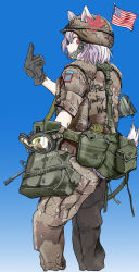 Rule 34 | 1girl, 82nd airborne, american flag, animal ears, belt pouch, black gloves, blue background, brown pants, brown shirt, camouflage, canteen, desert camouflage, fox ears, gloves, goggles, gun, helmet, inubashiri momiji, m16, m16a2, middle finger, military, combat helmet, military uniform, nakamura 3sou, pants, pink hair, pouch, red eyes, rifle, shirt, short sleeves, smile, solo, touhou, uniform, united states army, weapon