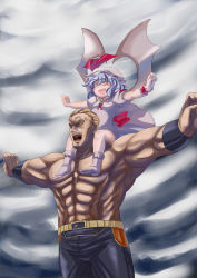 Rule 34 | bat wings, crossover, hat, hokuto no ken, m.u.g.e.n, male focus, manly, muscular, outstretched arms, purple hair, rekise, remilia scarlet, souther, tenshou juuji ho, touhou, wings