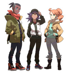 Rule 34 | 1girl, 2boys, aged down, baseball cap, black footwear, black hair, black pants, boots, closed mouth, coat, collarbone, commentary request, creatures (company), dark-skinned male, dark skin, eyelashes, game freak, green coat, green eyes, green shirt, hat, highres, jacket, korean commentary, leon (pokemon), long hair, long sleeves, looking at viewer, multiple boys, neckerchief, nintendo, open clothes, open coat, orange hair, pants, pokemon, pokemon (anime), pokemon journeys, pokemon swsh, pokemon swsh043, raihan (pokemon), redlhzz, ribbed shirt, shirt, shoes, smile, sonia (pokemon), standing, undercut, zipper pull tab