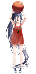 Rule 34 | 1girl, absurdly long hair, absurdres, alternate costume, alternate hairstyle, aris (blue archive), armpits, basketball, basketball uniform, black hair, blue archive, closed eyes, collarbone, halo, highres, ju-ok, long hair, open mouth, ponytail, see-through silhouette, simple background, smile, solo, sportswear, thighs, very long hair, white background
