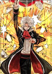 1boy arm_up ascot bird black_coat black_pants classicaloid closed_eyes coat conductor_baton holding_baton ludwig_van_beethoven_(classicaloid) male_focus open_mouth pants penguin red_ascot sahau228 shirt short_hair solo white_hair white_shirt