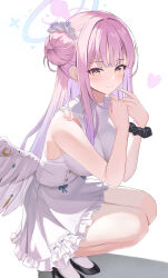 Rule 34 | 1girl, angel wings, bare shoulders, black footwear, blue archive, blush, closed mouth, crescent pin, dress, feathered wings, flower, frilled dress, frills, hair bun, hair flower, hair ornament, halo, high heels, highres, kitin, long hair, looking at viewer, mika (blue archive), pink hair, pink halo, purple flower, simple background, single side bun, sleeveless, sleeveless dress, smile, socks, solo, white background, white dress, white socks, white wings, wings, yellow eyes
