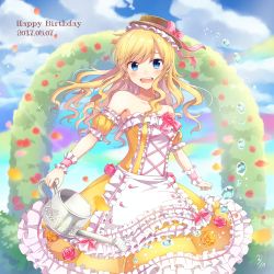 Rule 34 | 10s, 1girl, bare shoulders, bekkourico, blonde hair, blue eyes, blurry, breasts, cleavage, dated, depth of field, dress, flower, happy birthday, hat, idolmaster, idolmaster cinderella girls, long hair, looking at viewer, ohtsuki yui, open mouth, petals, rose, smile, solo, water, watering can