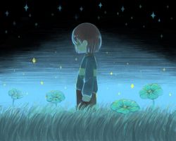 Rule 34 | 1other, androgynous, chara (undertale), dark, from side, grass, long sleeves, sasa kichi, shaded face, solo, sweater, undertale