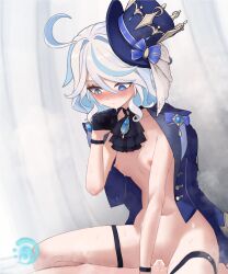 Rule 34 | 1boy, 1girl, absurdres, ahoge, ascot, bar censor, black ascot, black gloves, blue bow, blue coat, blue eyes, blue hair, blue headwear, blush, bow, breasts, censored, clenched hand, closed mouth, clothed sex, coat, coat on shoulders, commentary, cowgirl position, feet out of frame, furina (genshin impact), genshin impact, girl on top, gloves, green eyes, hair between eyes, hair intakes, half gloves, hat, hat bow, hetero, heterochromia, highres, jewelry, light blue hair, looking down, medium breasts, medium hair, mildt, mismatched pupils, multicolored hair, naked coat, navel, nipples, open clothes, open coat, pendant, penis, pussy, pussy juice, sex, solo focus, spread legs, steaming body, straddling, sweat, thigh strap, tilted headwear, top hat, two-tone hair, vaginal, white hair, wristband