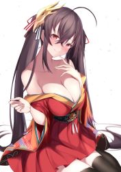 Rule 34 | 1girl, ahoge, azur lane, bare shoulders, black hair, black thighhighs, blush, breasts, cleavage, closed mouth, collarbone, crossed bangs, feathers, finger to cheek, hair between eyes, hair ribbon, hands up, head tilt, highres, huge breasts, japanese clothes, kimono, large breasts, long hair, looking at viewer, maosame, mask, mask on head, obi, off shoulder, red eyes, red kimono, red ribbon, ribbon, sash, sidelocks, sitting, smile, solo, striped ribbon, taihou (azur lane), thighhighs, thighs, twintails, very long hair, wariza, wide sleeves