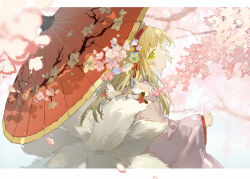 Rule 34 | 1girl, animal, animal on shoulder, arknights, blonde hair, blurry, blurry foreground, cherry blossoms, commentary, flower, fox, fox tail, frown, green eyes, hair flower, hair ornament, hairband, highres, holding, holding umbrella, japanese clothes, kimono, letterboxed, looking at viewer, looking back, multiple tails, oil-paper umbrella, open mouth, pink kimono, red hairband, suzuran (arknights), suzuran (yukibare) (arknights), symbol-only commentary, tail, umbrella, upper body, usachi