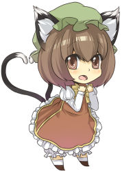 Rule 34 | 1girl, animal ears, bad id, bad pixiv id, brown eyes, brown hair, cat ears, cat girl, cat tail, chen, chibi, female focus, full body, hat, heart, heart tail, leaning forward, multiple tails, short hair, simple background, solo, standing, tail, touhou, urin
