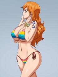 Rule 34 | 1girl, ass, breasts, brown eyes, cleavage, earrings, female focus, highres, jewelry, large breasts, long hair, nami (one piece), one piece, orange hair, pinkpawg, smile, solo, source request, swimsuit, underboob
