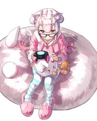 Rule 34 | 1girl, animal ears, black-framed eyewear, cat ears, cat tail, commentary request, controller, double bun, eating, from above, full body, game controller, glasses, gradient hair, hair bun, highres, hololive, hood, hood down, hoodie, horns, kemonomimi mode, looking at viewer, multicolored hair, nakiri ayame, namaonpa, pantyhose, pink hoodie, poyoyo (nakiri ayame), red eyes, red hair, simple background, sitting, slippers, smile, striped clothes, striped pantyhose, striped thighhighs, tail, thighhighs, virtual youtuber, white background, white hair